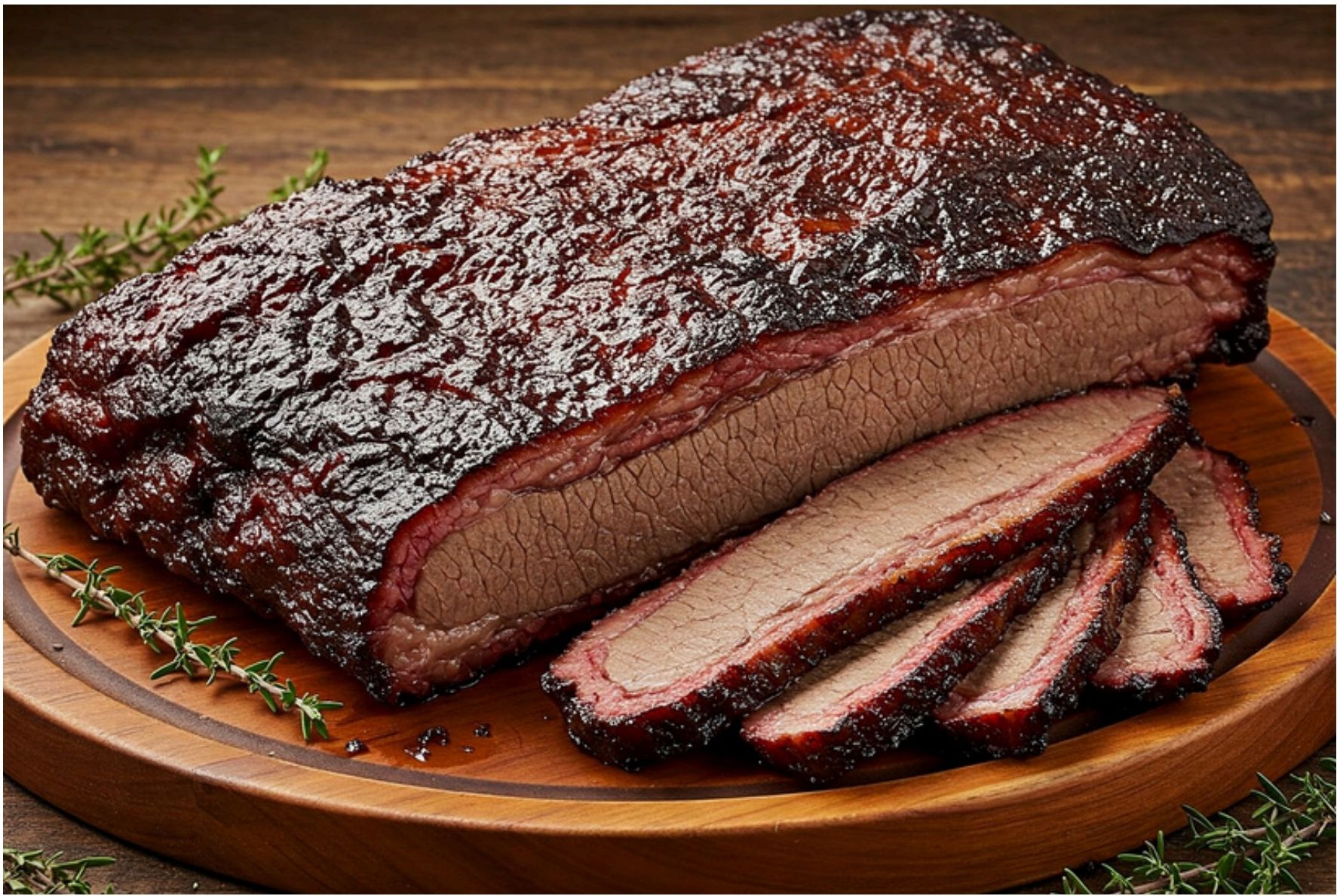 Sliced brisket on a wooden board