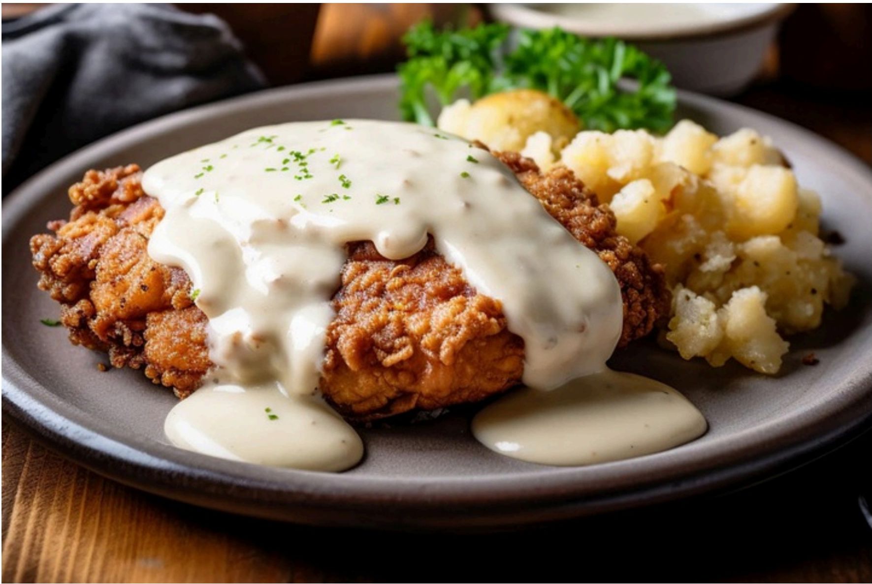 Plate of chicken-fried steak with gravy and potatoes
